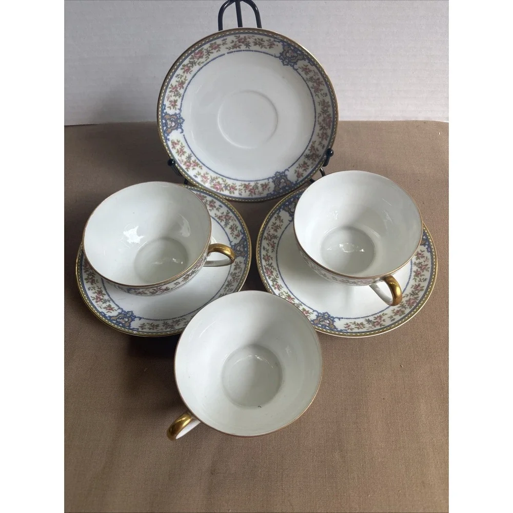 3 Sets Vintage Noritake Nippon China The Malay Cups & Saucers Blue Pink Flowers